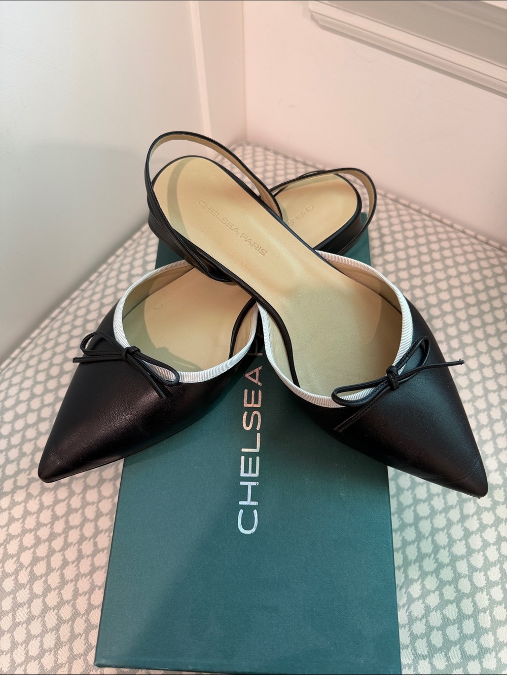 Chelsea Paris Black Slingback Pointed Flats with White Trim